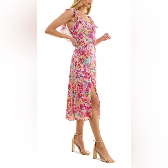 Crystal Doll Pink Floral Print Ruffle-Trim Midi Dress Size XS - Picture 4 of 13